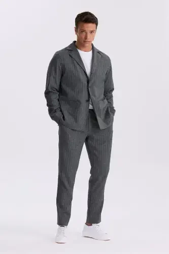 Anthracite Slim Fit Band Collar Linen Blend Double Slit Striped Suit 