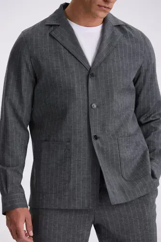 Anthracite Slim Fit Band Collar Linen Blend Double Slit Striped Suit - 3