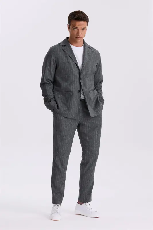 Anthracite Slim Fit Camp Collar Linen Blend Double Vented Striped Suit - 1