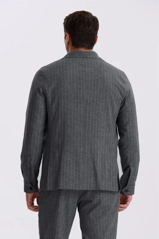Anthracite Slim Fit Camp Collar Linen Blend Double Vented Striped Suit - 4