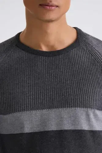 Anthracite Slim Fit Crew Neck Striped Knitted Jumper - 3
