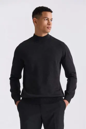 Anthracite Slim Fit Half Turtleneck Knit Sweater - 1