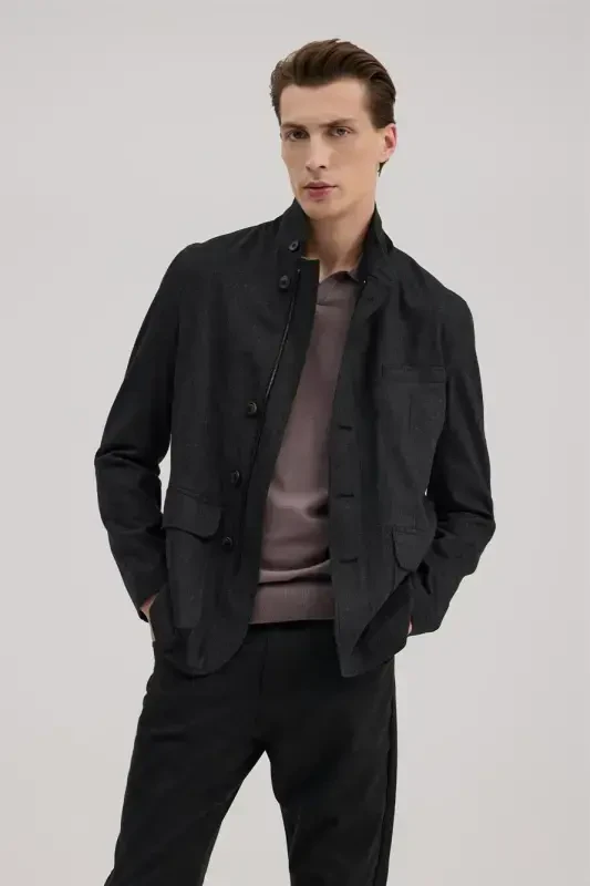 Anthracite Slim Fit Mandarin Collar Buttoned Jacket - 2