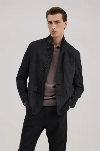 Anthracite Slim Fit Mandarin Collar Buttoned Jacket - JAKAMEN (1)