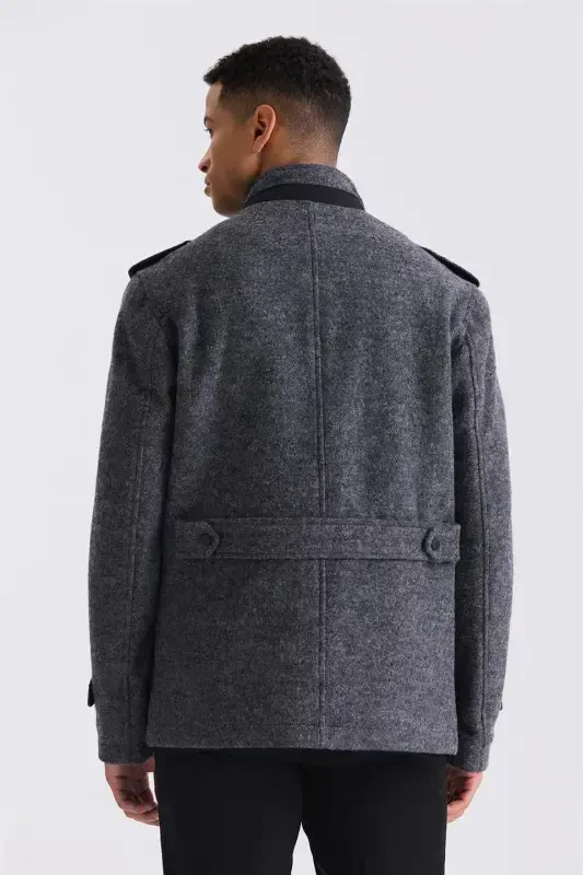 Anthracite Slim Fit Mandarin Collar Epauletted Textured Sports Cashmere Coat - 4