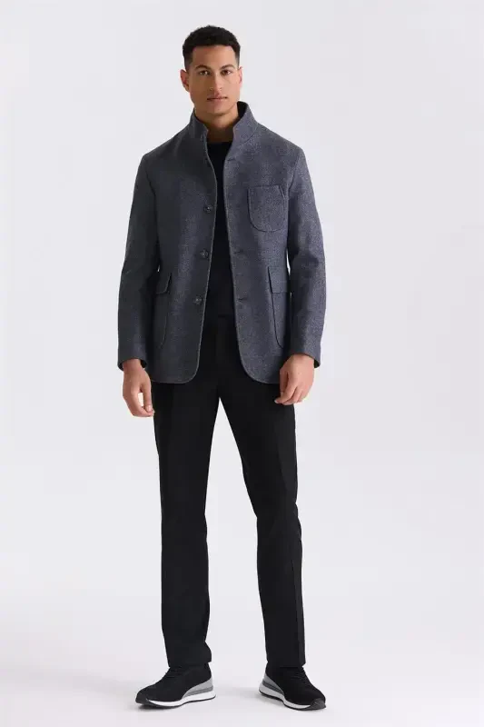 Anthracite Slim Fit Mandarin Collar Wool Sports Overcoat - 2