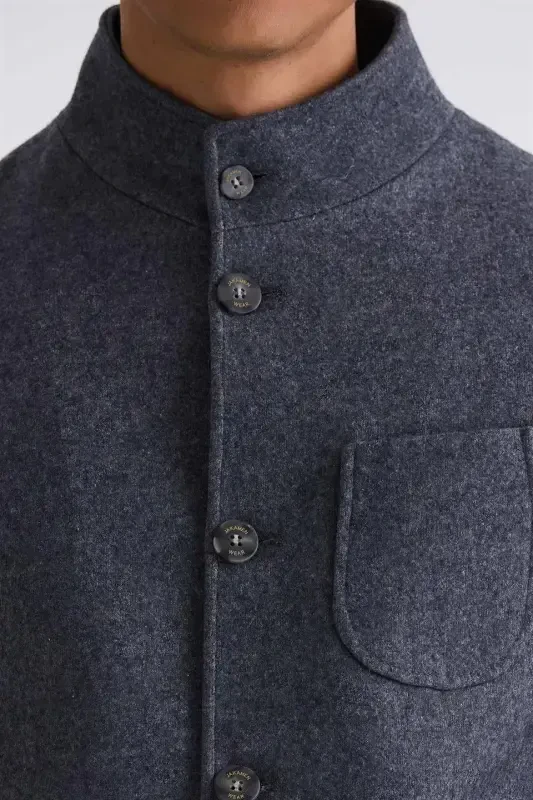 Anthracite Slim Fit Mandarin Collar Wool Sports Overcoat - 3