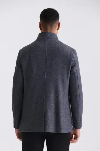 Anthracite Slim Fit Mandarin Collar Wool Sports Overcoat - 4