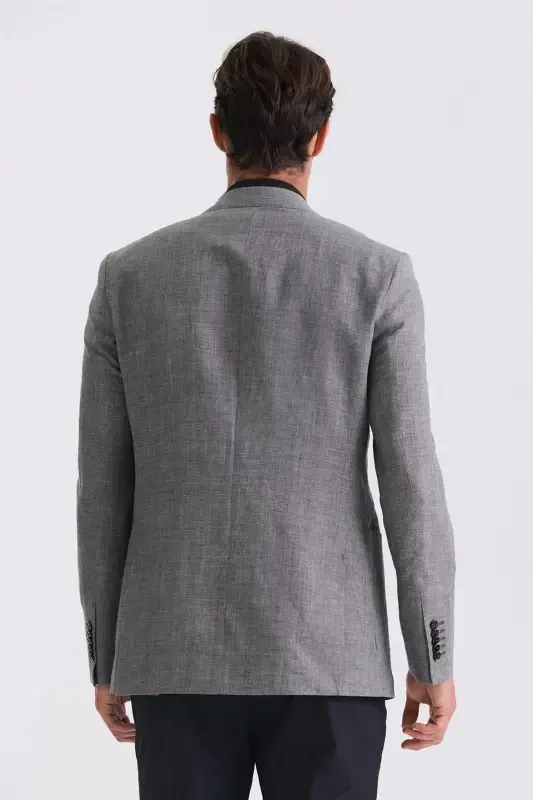 Anthracite Slim Fit Mono Collar Linen Sports Jacket - 4