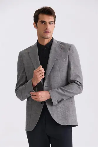 Anthracite Slim Fit Notch Lapel Linen Casual Blazer 
