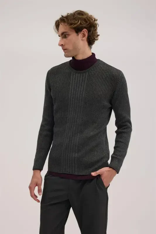 Anthracite Slim Fit Patterned Crew Neck Knitwear - 1