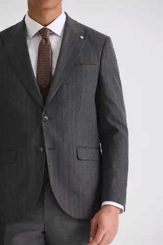 Anthracite Slim Fit Peak Lapel Striped Three Piece Suit - 3