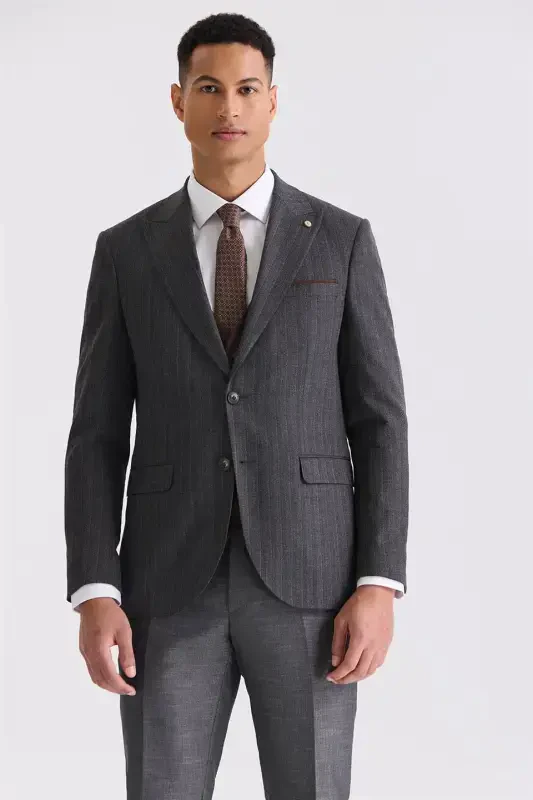 Anthracite Slim Fit Pointed Collar Striped Combined Vest Suit - 2