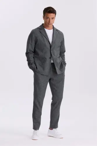 Anthracite Slim Fit Stand-Up Collar Linen Blend Double Breasted Striped Suit - 1
