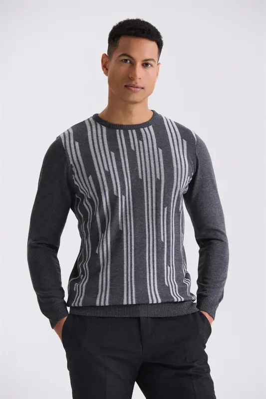Anthracite Slim Fit Turtleneck Patterned Knitted Sweater - 1