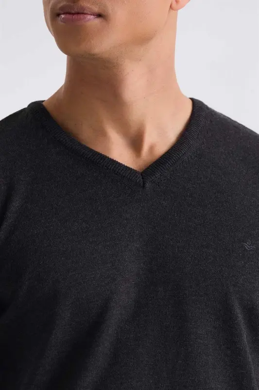 Anthracite Slim Fit V-Neck Knit Sweater - 3