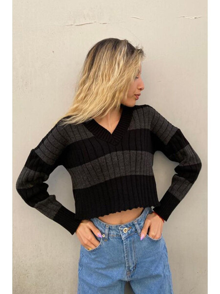Anthracite V-Neck Striped Crop Women's Sweater MG1441 - LC WAIKIKI