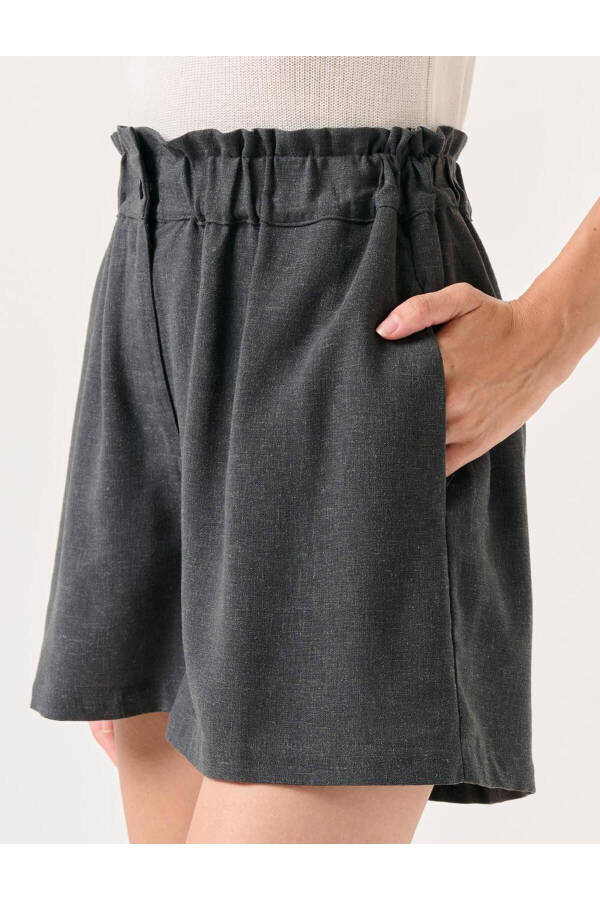 Anthracite Wide Leg High Waisted Plain Linen Shorts - 19