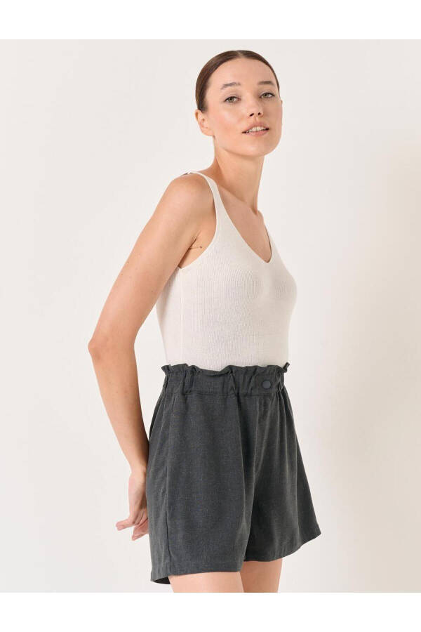 Anthracite Wide Leg High Waisted Plain Linen Shorts - 20