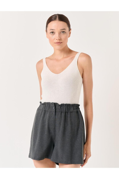 Anthracite Wide Leg High Waisted Plain Linen Shorts - 21