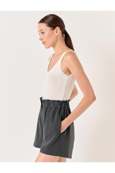 Anthracite Wide Leg High Waisted Plain Linen Shorts - 22