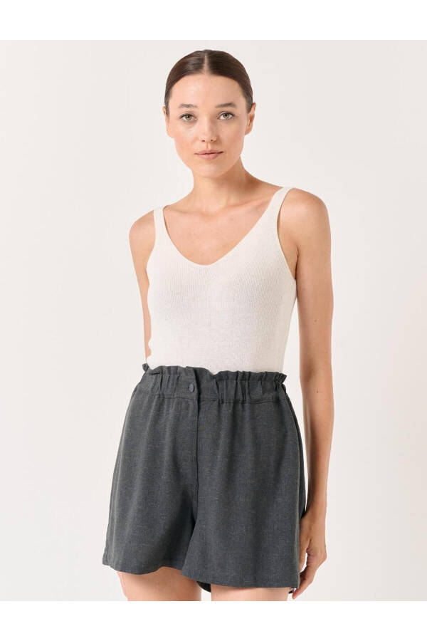 Anthracite Wide Leg High Waisted Plain Linen Shorts - 14