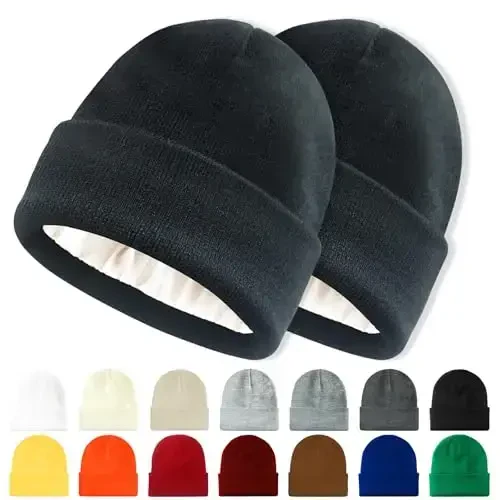 ANTI-REBOUNDUMBRE Satin Lined Beanie for Women Men Winter Hat Silk Lining Warm Cuffed Beanie Knit Hats 