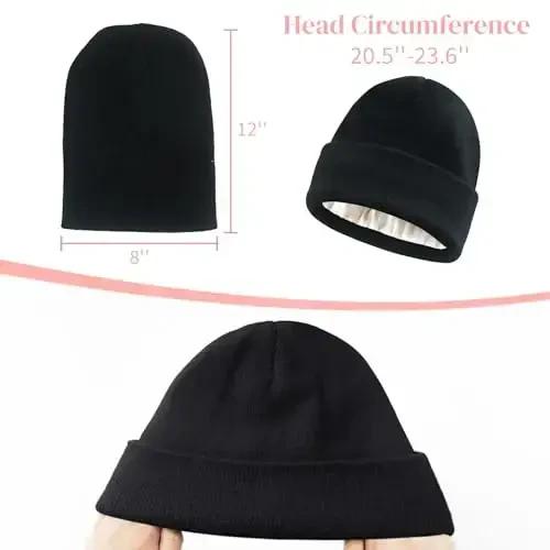 ANTI-REBOUNDUMBRE Satin Lined Beanie for Women Men Winter Hat Silk Lining Warm Cuffed Beanie Knit Hats - 5
