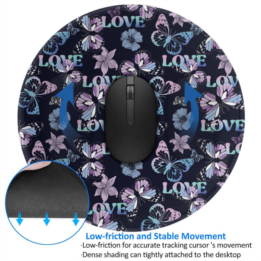 Anti Slip Rubber Round Mousepads Desktop Notebook Mouse Mat with Stitched Edge for Working and Gaming (Love Butterflies ) - 11