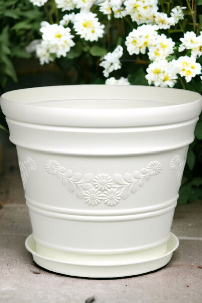 Antik Papatya Desenli Beyaz Renk Saksı 21 Litre - Beyaz - MELKAN HOME