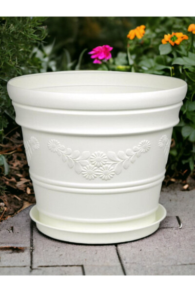 Antik Papatya Desenli Beyaz Renk Saksı 21 Litre - Beyaz - MELKAN HOME (1)