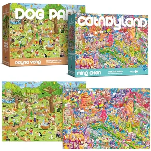 Antelope 2 in 1 1000 Piece Puzzle Bundle - Catndyland - 1000 Piece Jigsaw Puzzle with Dog Park - 1
