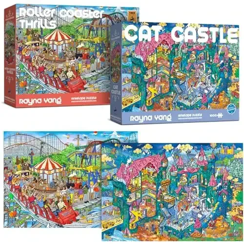 Antelope 2 in 1 1000 Piece Puzzle Bundle - Cat Castle - 1000 Piece Jigsaw Puzzle Bundle with Roller Coaster - 1000 Piece Jigsaw Puzzle - 1