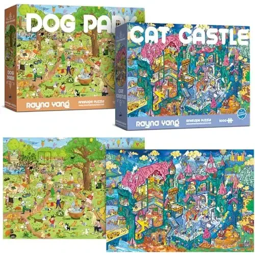 Antelope 2 in 1 1000 Piece Puzzle Bundle - Dog Park - 1000 Piece Jigsaw Puzzle Bundle with Cat Castle - 1000 Piece Jigsaw Puzzle - 1