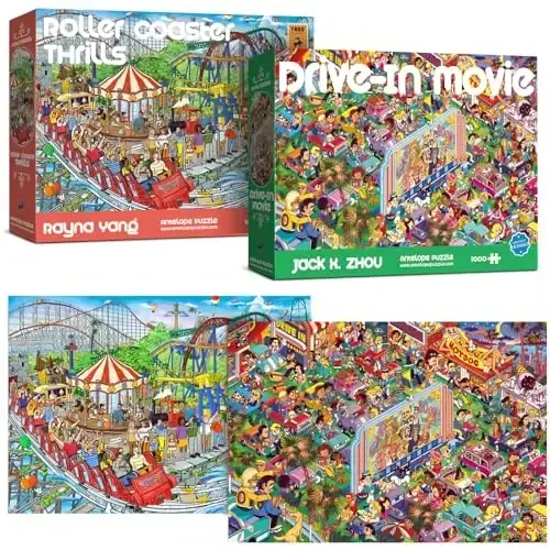 Antelope 2 in 1 1000 Piece Puzzle Bundle - Drive in Movie & Roller Coaster Jigsaw Puzzles 