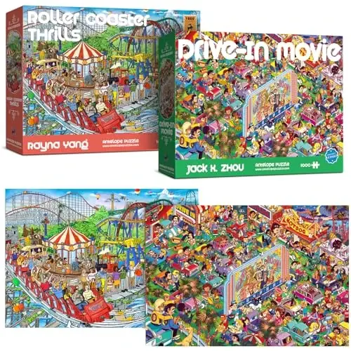 Antelope 2 in 1 1000 Piece Puzzle Bundle - Drive in Movie & Roller Coaster Jigsaw Puzzles - 1