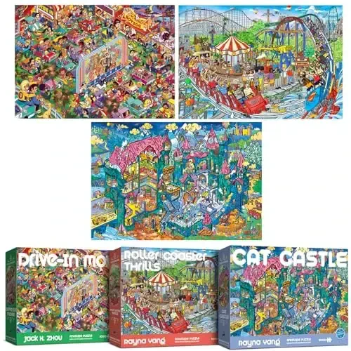 ANTELOPE 3 in 1 1000 Piece Puzzle Bundle - Roller Coaster, Drive in Movie, Cat Castle - 3000 Piece Jigsaw Puzzle, 3 Count, 15 Years and Up - ANTELOPE