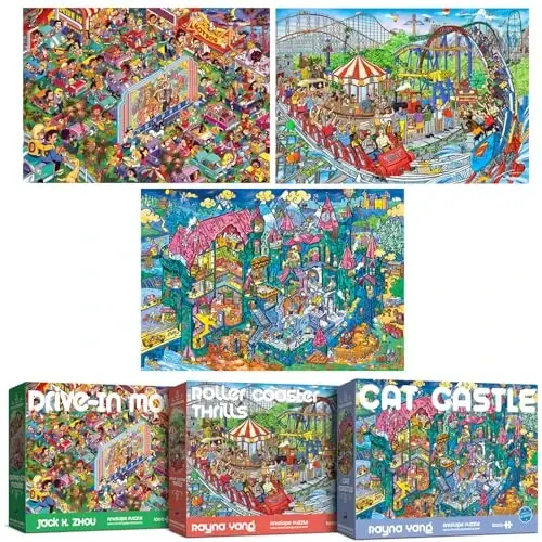 ANTELOPE 3 in 1 1000 Piece Puzzle Bundle - Roller Coaster, Drive in Movie, Cat Castle - 3000 Piece Jigsaw Puzzle, 3 Count, 15 Years and Up 