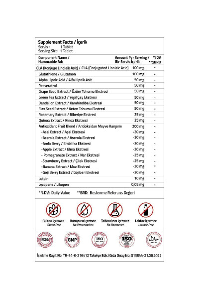 Antioksidant Qo'llab-quvvatlash Alfa Lipoik Kislotasi + CLA + Resveratrol Tabletkalari - 3