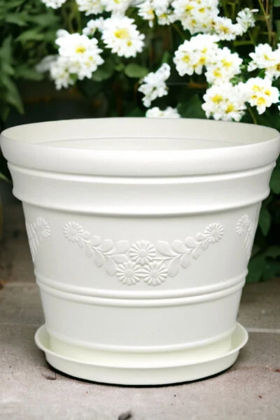 Antique Daisy Patterned White Flower Pot 21 Liters - MELKAN HOME