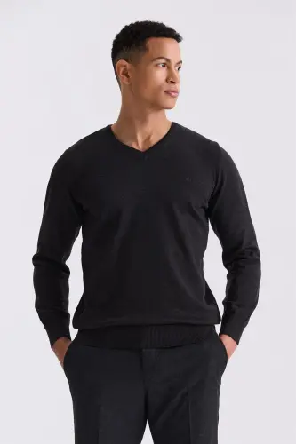 Антрацитовый Трикотажный Свитер Slim Fit с V-образным Вырезом - 1