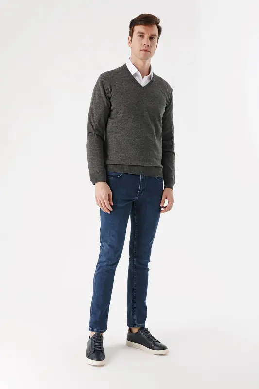 Antrasit Basic Dinamik Fit Rahat Kesim V Yaka Triko Kazak - 4