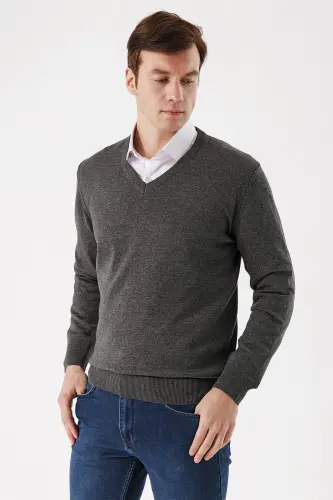 Antrasit Basic Dinamik Fit Rahat Kesim V Yaka Triko Kazak - MORVEN (1)