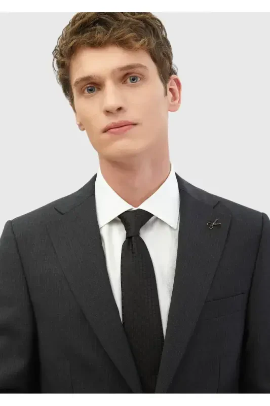 Antrasit chiziqli Thin&taller Slim Fit %100 jun kostyum - 4