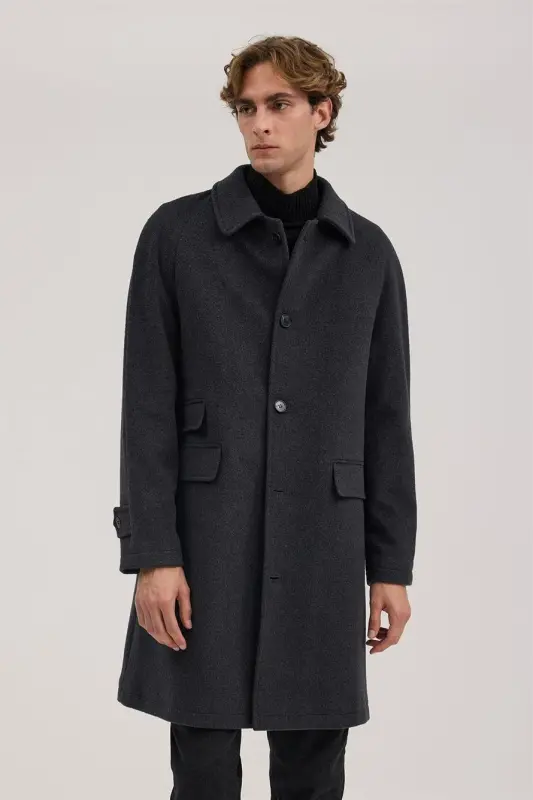 Antrasit Comfort Fit Bebe Yaka Yünlü Kaban - 1