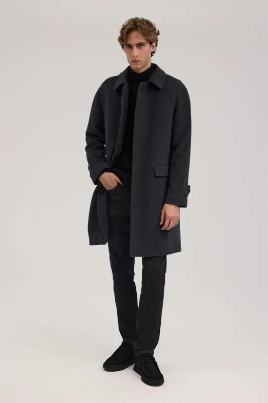 Antrasit Comfort Fit Bebe Yaka Yünlü Kaban - 2