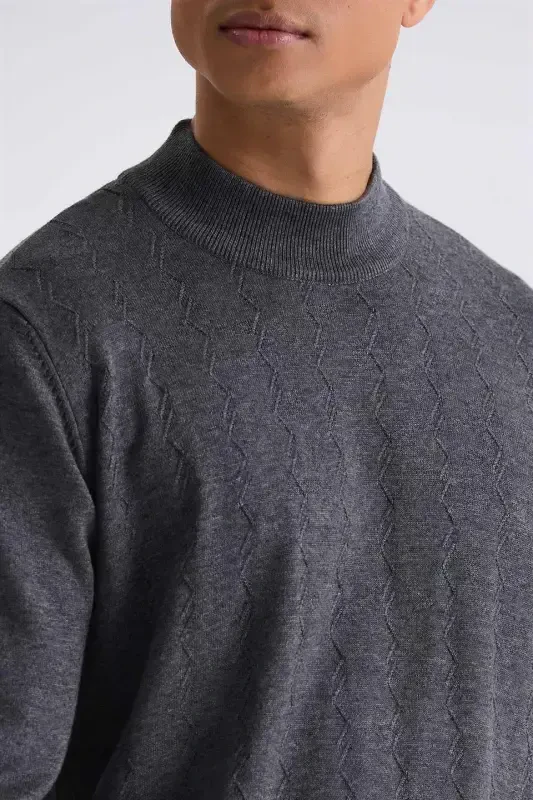 Antrasıt Classic Fit Desenli Yarım Balıkçı Yaka Triko Kazak - 3