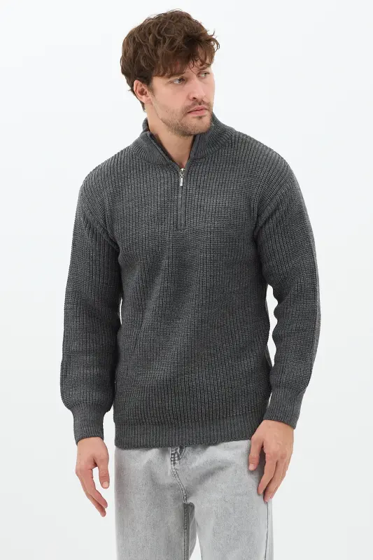 Antrasit Erkek Oversize Fermuarlı Balıkçı Triko Kazak-Çok Renkli - 6