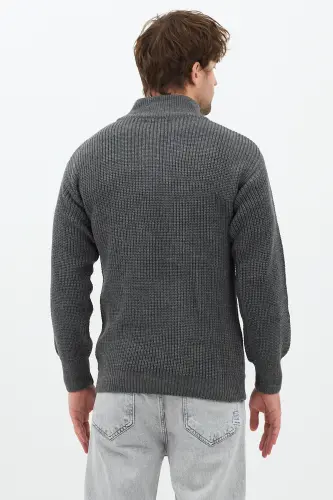 Antrasit Erkek Oversize Fermuarlı Balıkçı Triko Kazak-Çok Renkli - 7