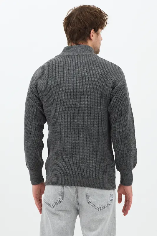 Antrasit Erkek Oversize Fermuarlı Balıkçı Triko Kazak-Çok Renkli - 7